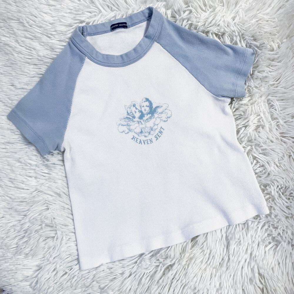 BRANDY MELVILLE • White + Blue Ribbed Heaven Sent Angel Cropped Crop Baby Tee